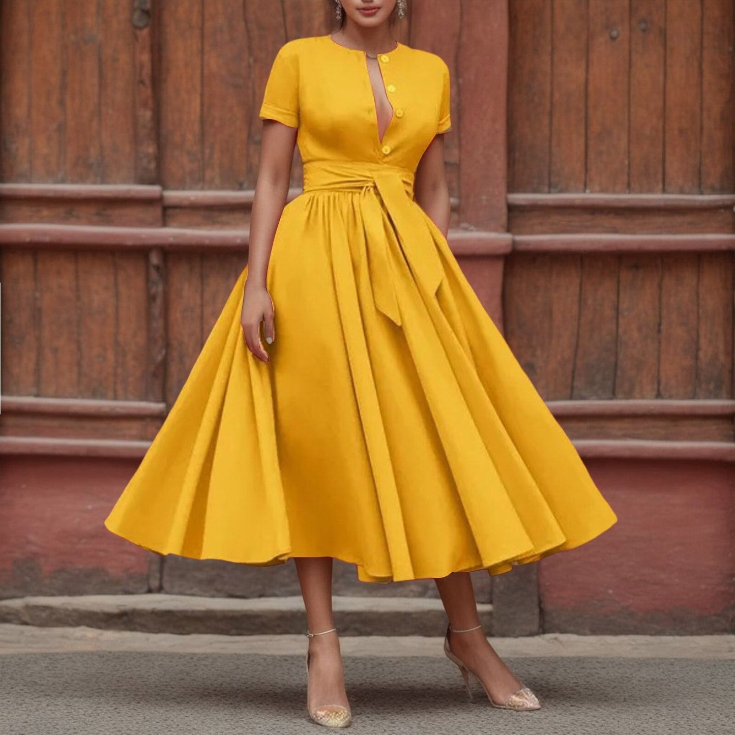 JuliaFashion - 2024 Vintage Solid Short Sleeve Maxi Dress