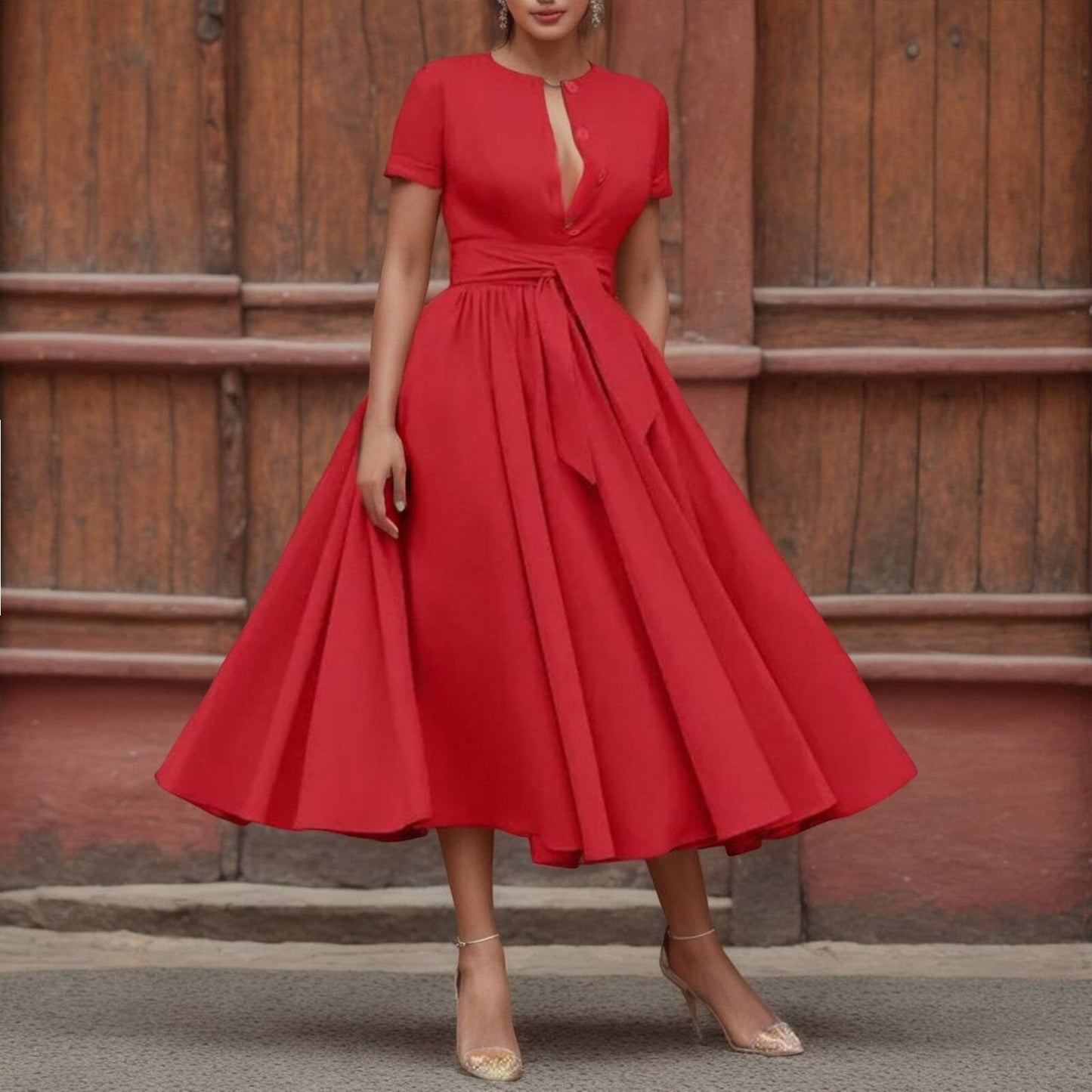 JuliaFashion - 2024 Vintage Solid Short Sleeve Maxi Dress