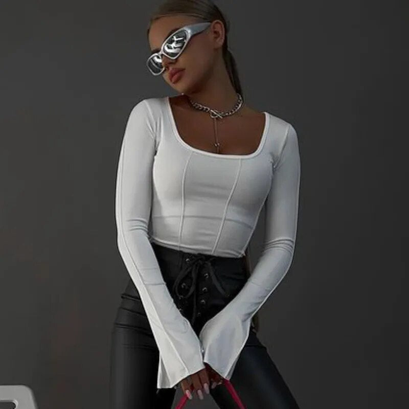 JuliaFashion - 2024 Y2k Square Collar Crop Tee
