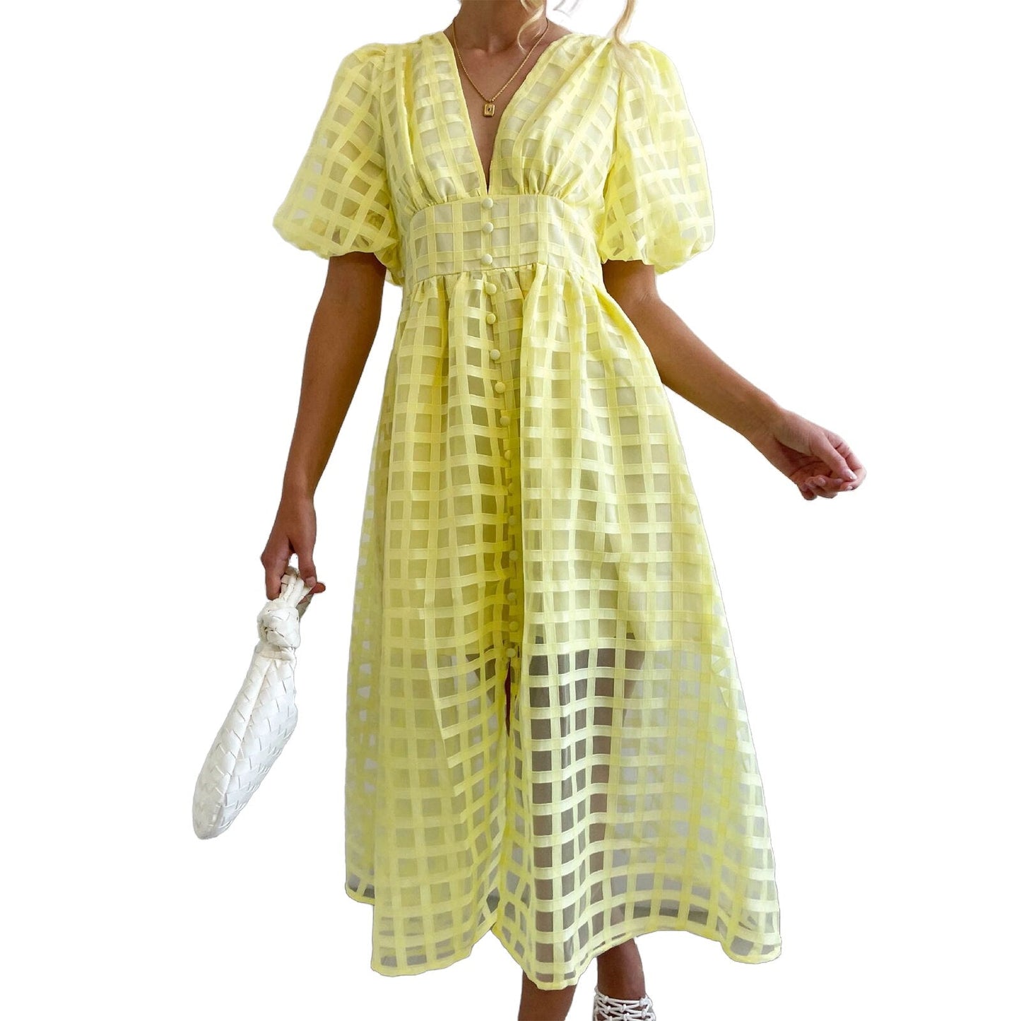 JuliaFashion - 2024 Vintage High Waist Mesh Midi Dress