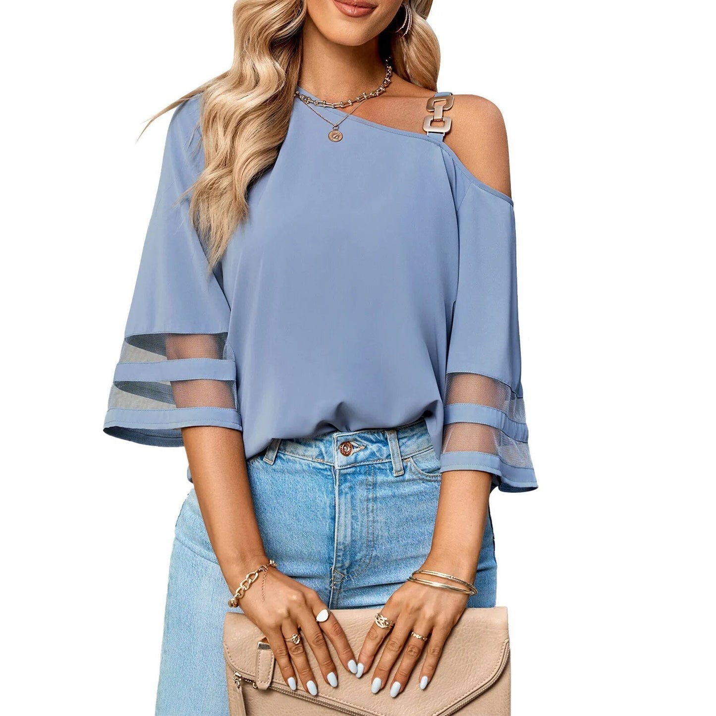 JuliaFashion-Casual Loose Solid Color Skew Collar Tee