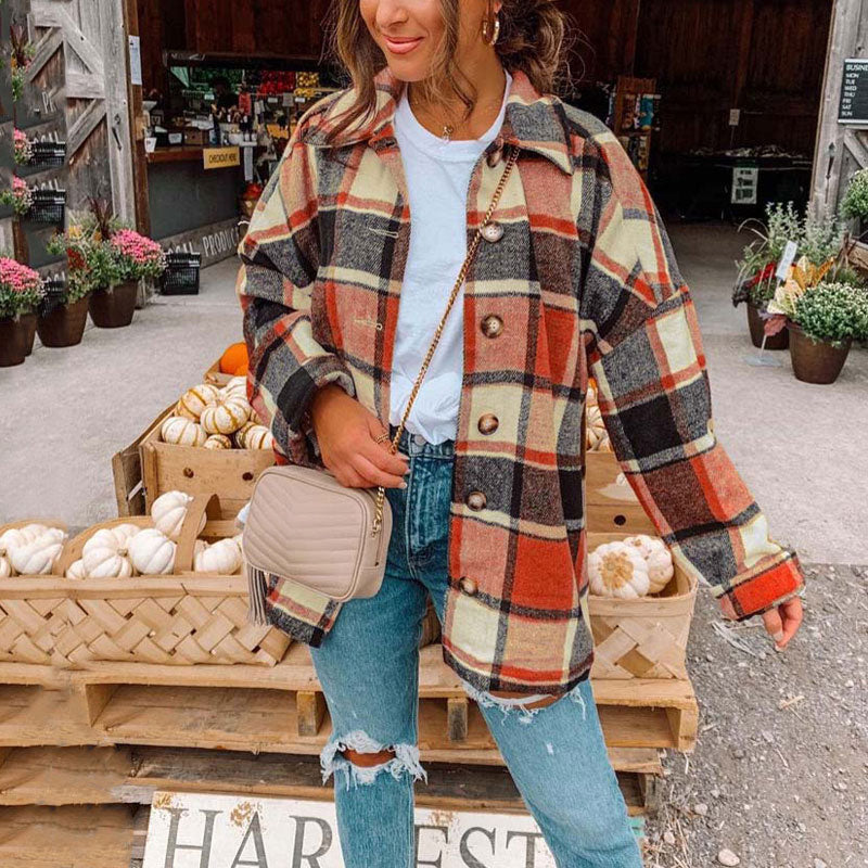 JuliaFashion - 2024 Women Oversized Checkered Autumn Plaid Shirt Jacket