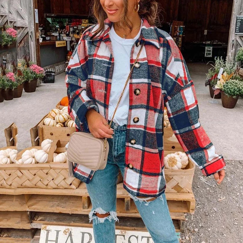JuliaFashion - 2024 Women Oversized Checkered Autumn Plaid Shirt Jacket