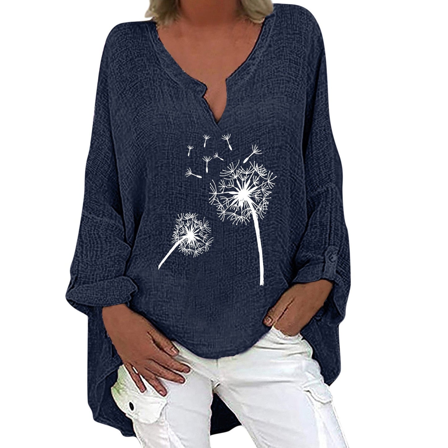 JuliaFashion - 2024 Womens Long Sleeve V-Neck Printed Irregular Hem Top