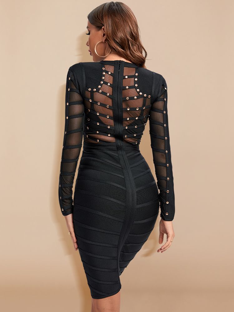 JuliaFashion-Knee Length Mesh Rivets Bodycon See Through Elastic Dress