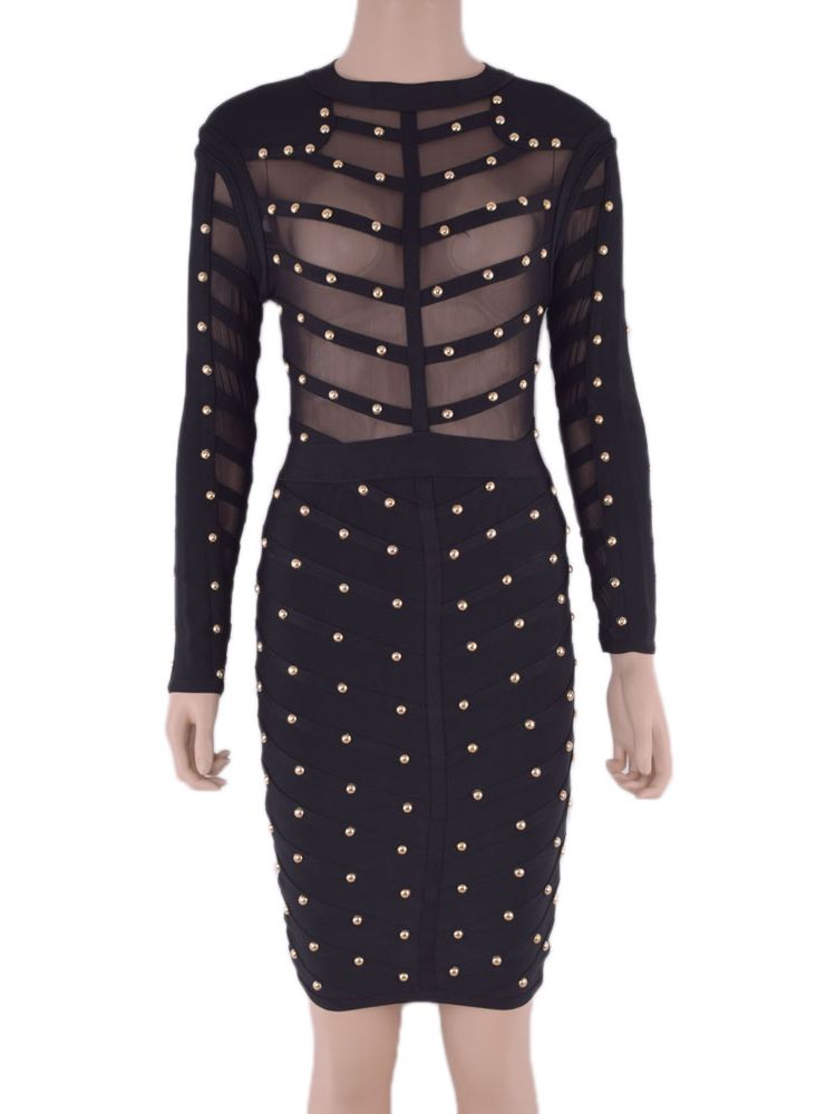 JuliaFashion-Knee Length Mesh Rivets Bodycon See Through Elastic Dress