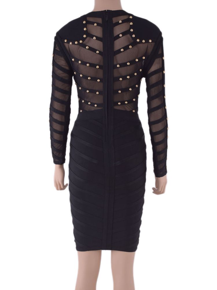 JuliaFashion-Knee Length Mesh Rivets Bodycon See Through Elastic Dress