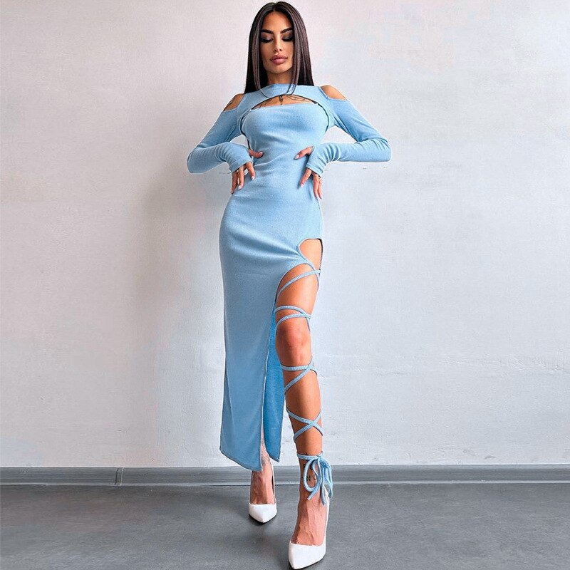 JuliaFashion - Sexy Lace-Up High Split Maxi Dress