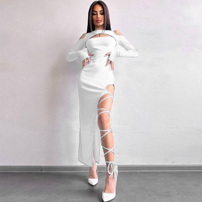 JuliaFashion - Sexy Lace-Up High Split Maxi Dress