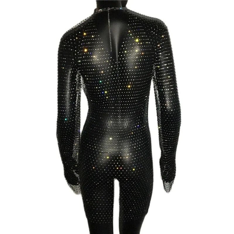 JuliaFashion-Bling Rhinestones Crystal Long Sleeve Mini Drees