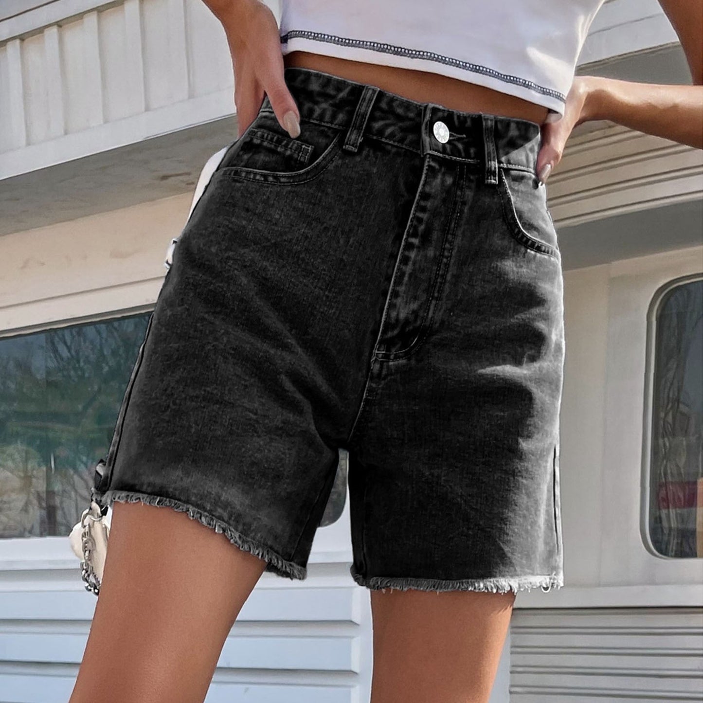 JuliaFashion-Chic High Waist Blue Denim Short