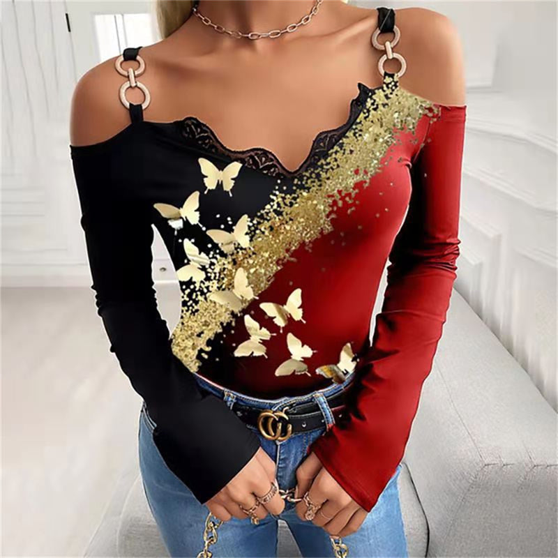 JuliaFashion - 2024 Women Party Sling Lace V-Neck Long Sleeve Slim Blouse