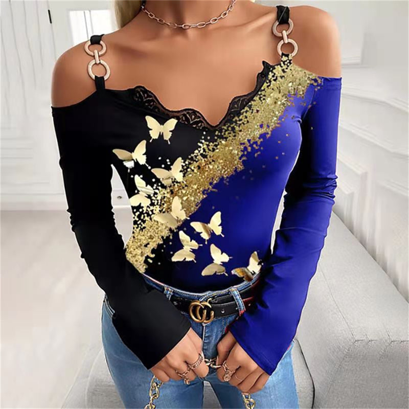 JuliaFashion - 2024 Women Party Sling Lace V-Neck Long Sleeve Slim Blouse