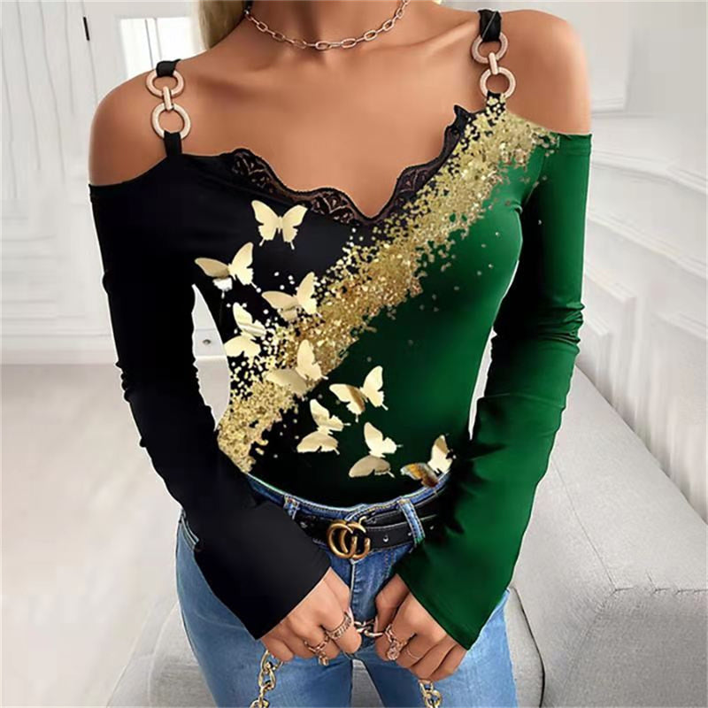 JuliaFashion - 2024 Women Party Sling Lace V-Neck Long Sleeve Slim Blouse