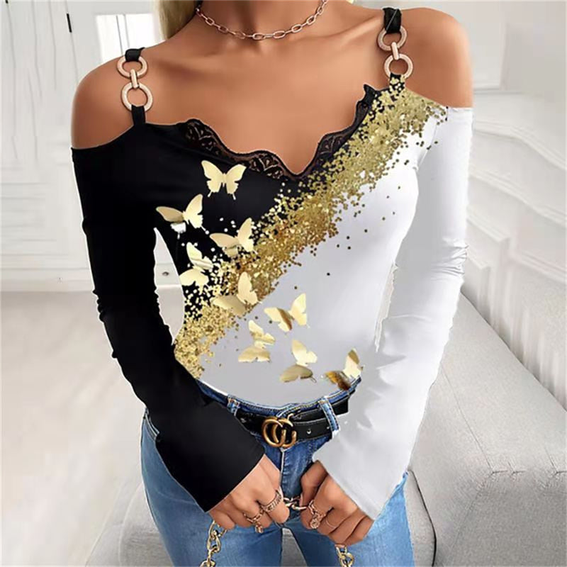 JuliaFashion - 2024 Women Party Sling Lace V-Neck Long Sleeve Slim Blouse