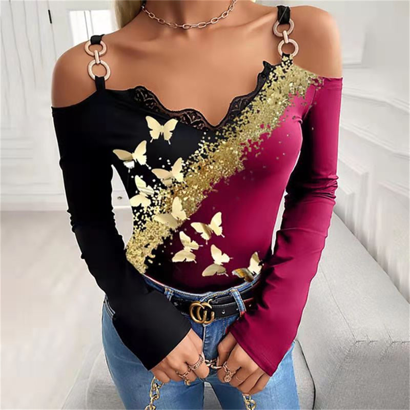 JuliaFashion - 2024 Women Party Sling Lace V-Neck Long Sleeve Slim Blouse