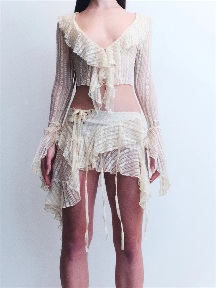 JuliaFashion - Flare Sleeve V-neck Lace Ruffles Skirt Suits