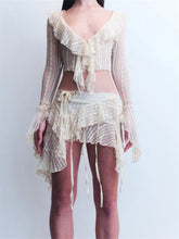JuliaFashion - Flare Sleeve V-neck Lace Ruffles Skirt Suits