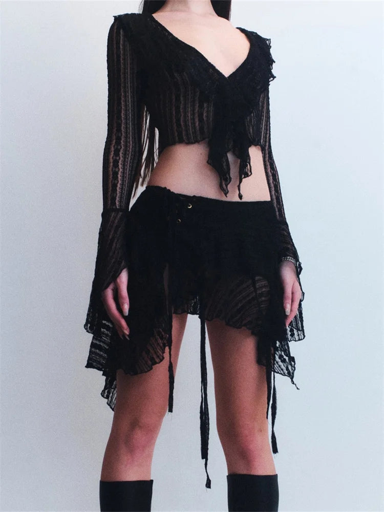 JuliaFashion - Flare Sleeve V-neck Lace Ruffles Skirt Suits