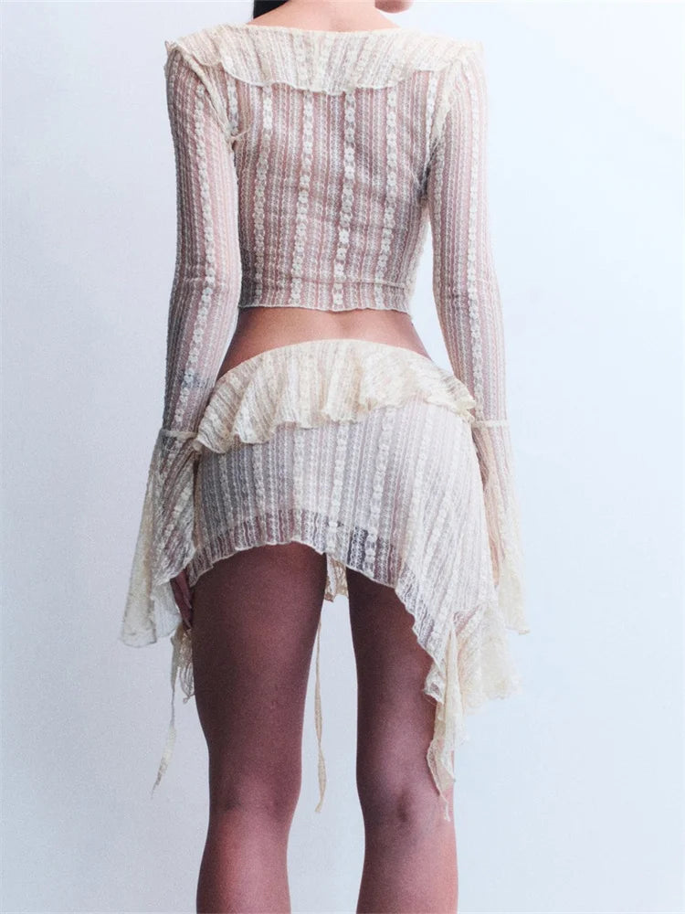 JuliaFashion - Flare Sleeve V-neck Lace Ruffles Skirt Suits