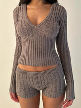 JuliaFashion - Knitted Ribbed Hooded V-neck Tops Low Waist Shorts Suits