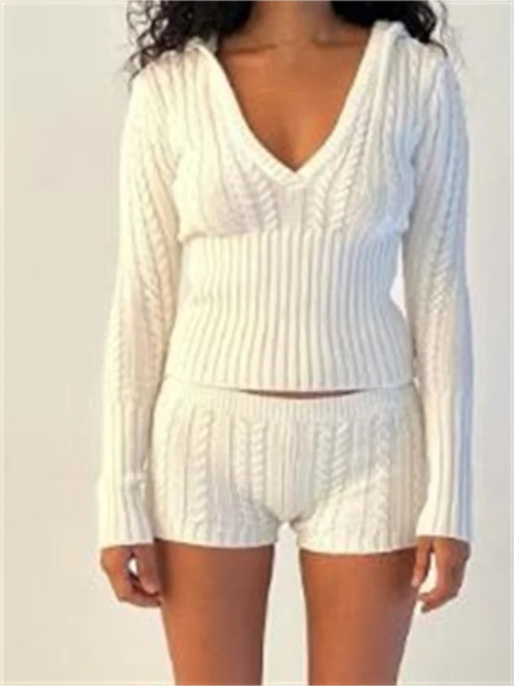 JuliaFashion - Knitted Ribbed Hooded V-neck Tops Low Waist Shorts Suits