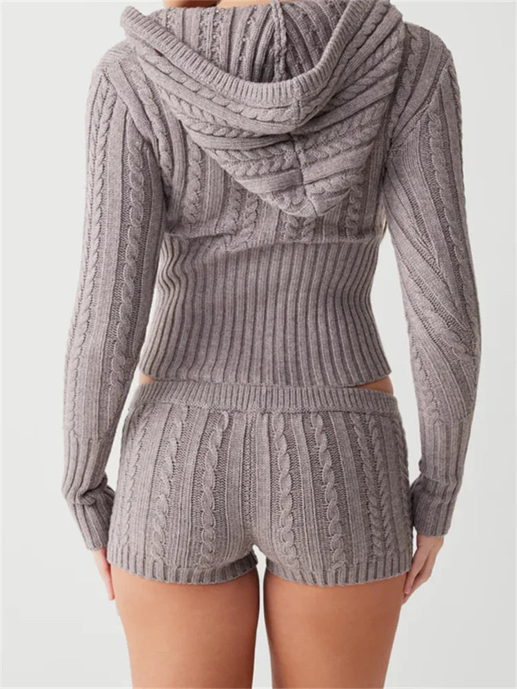 JuliaFashion - Knitted Ribbed Hooded V-neck Tops Low Waist Shorts Suits