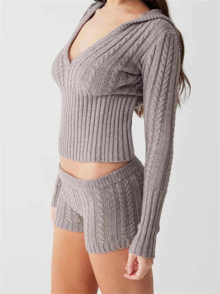 JuliaFashion - Knitted Ribbed Hooded V-neck Tops Low Waist Shorts Suits