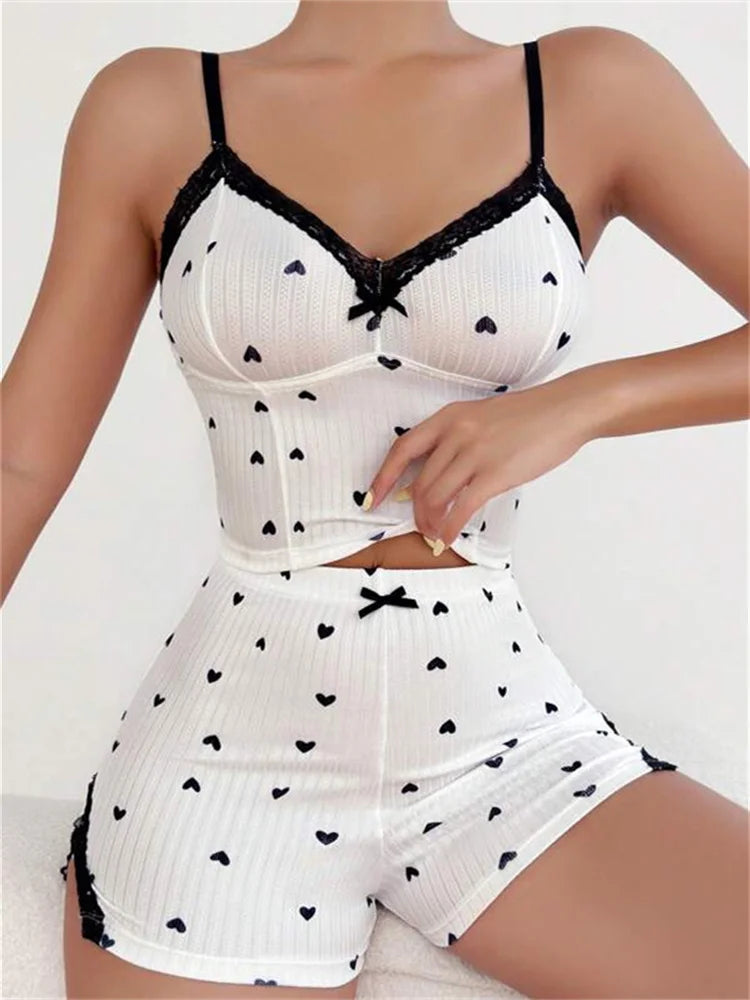 JuliaFashion - V Neck Sexy Heart Print Camis Sleepwear Suits