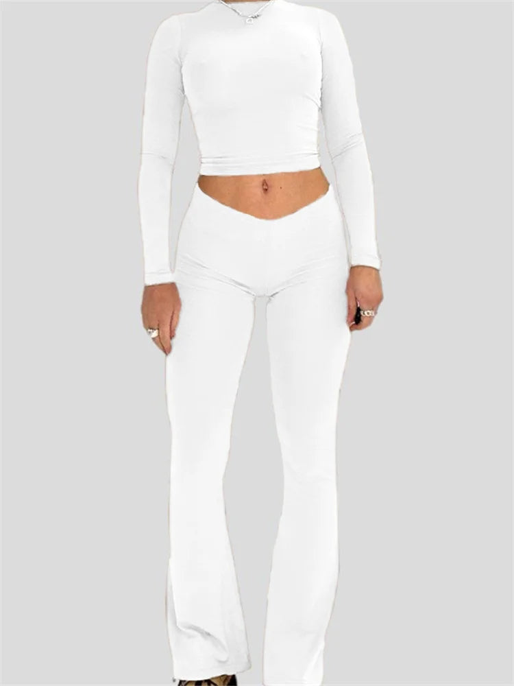 JuliaFashion - Spring Fall Solid Color O-neck Long Sleeve T-Shirts Flared Pants Suits