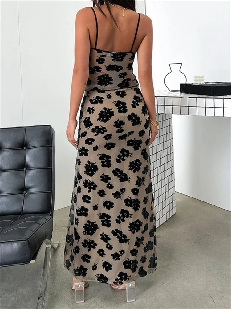 JuliaFashion - Vintage Floral V Neck Sleeveless Strap Camis High Waist Long Skirts Suits