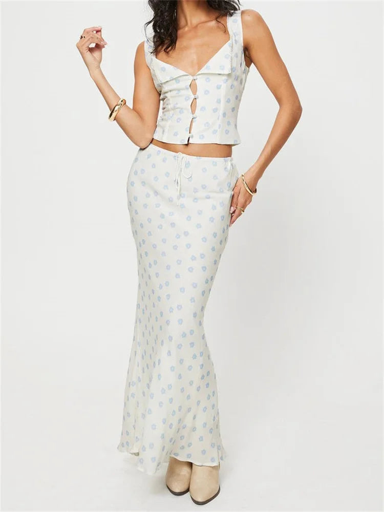 JuliaFashion - Vintage Flowers Print Buttons Up Tank Tops Long Skirts Suits
