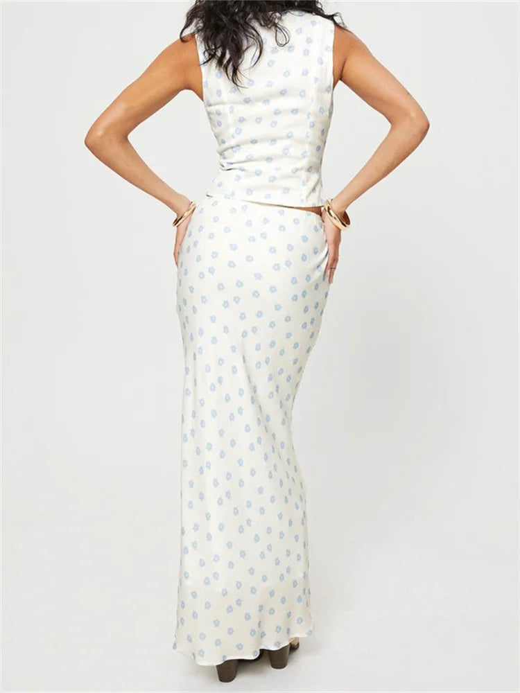 JuliaFashion - Vintage Flowers Print Buttons Up Tank Tops Long Skirts Suits