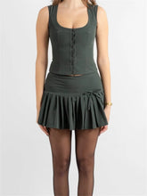 JuliaFashion - Sleeveless Buttons Up Back Tie-up Tops Solid Color Short Skirts Suits
