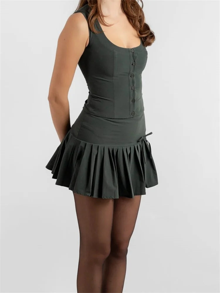JuliaFashion - Sleeveless Buttons Up Back Tie-up Tops Solid Color Short Skirts Suits