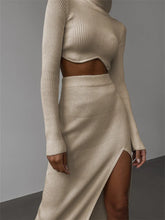 JuliaFashion - 2pcs High Neck Solid Knitted Sweater Skirt Suits