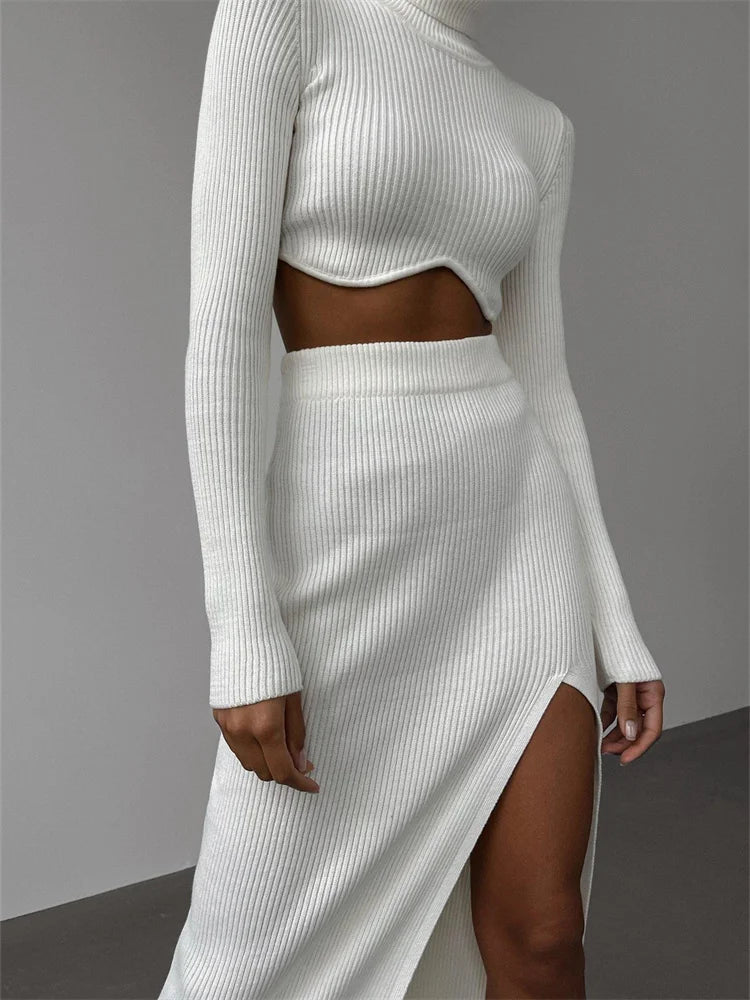JuliaFashion - 2pcs High Neck Solid Knitted Sweater Skirt Suits