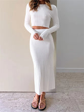 JuliaFashion - Fall Ribbed Skirts Long Sleeve Knitted T-shirts Long Skirts Suits