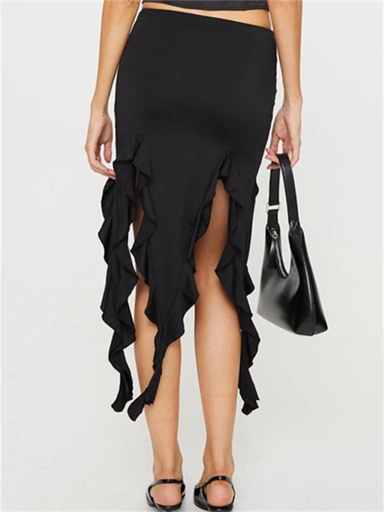 JuliaFashion - Solid Color Midi Elegant Low Waist Ruffle Asymmetrical Hem Summer Side Split Party Beachwear Skirts