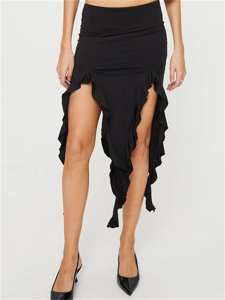 JuliaFashion - Solid Color Midi Elegant Low Waist Ruffle Asymmetrical Hem Summer Side Split Party Beachwear Skirts