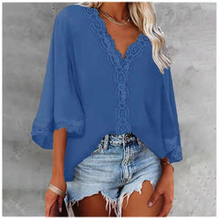 JuliaFashion - 2024 Woman V-neck Half Sleeve Vintage Tops Shirts