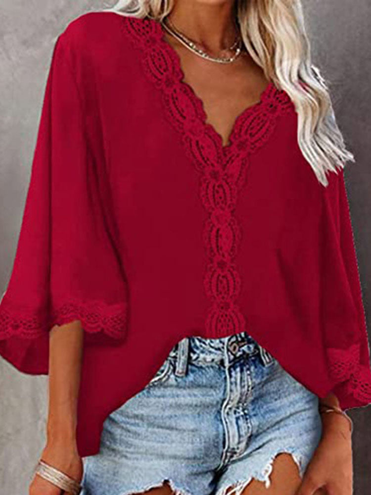 JuliaFashion - 2024 Woman V-neck Half Sleeve Vintage Tops Shirts