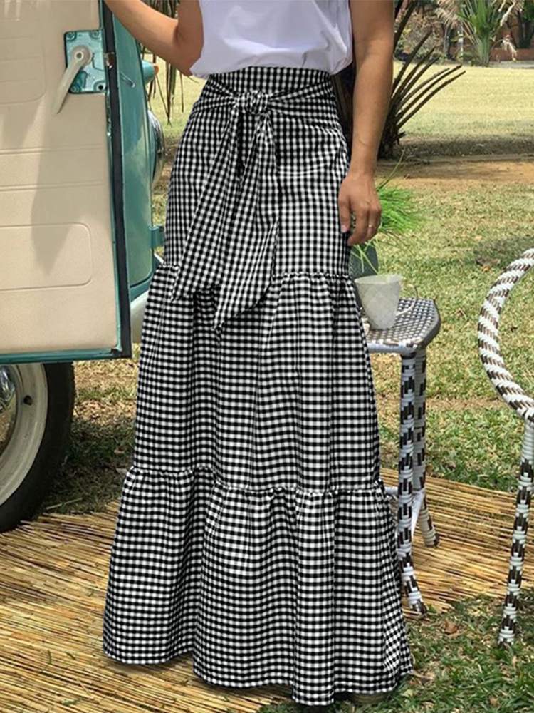 JuliaFashion - 2024 Women Fashion Belted Stitching Plaid Vintage High Waist Long Skirts
