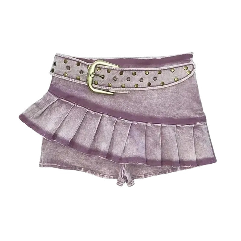 JuliaFashion - 2024 Sexy Distressed Belted Mini Jean Skirt