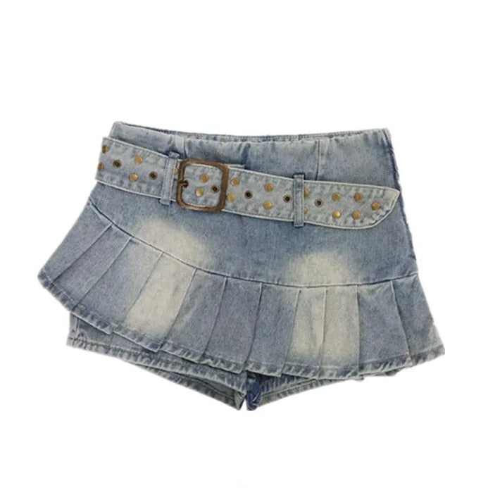 JuliaFashion - 2024 Sexy Distressed Belted Mini Jean Skirt
