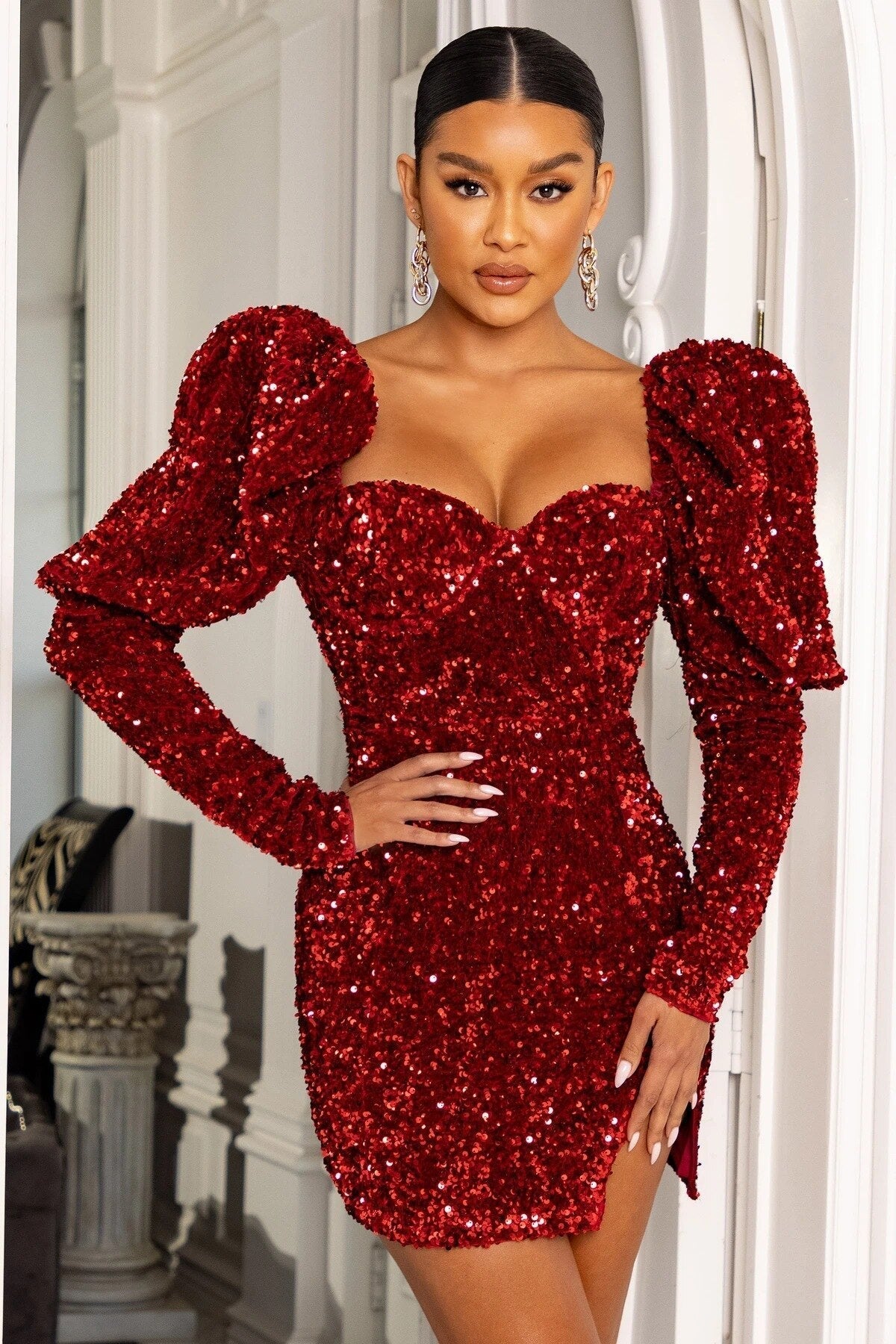 JuliaFashion - 2024 Solid Sequins Square Neck Puff Sleeve Club Mini Dress
