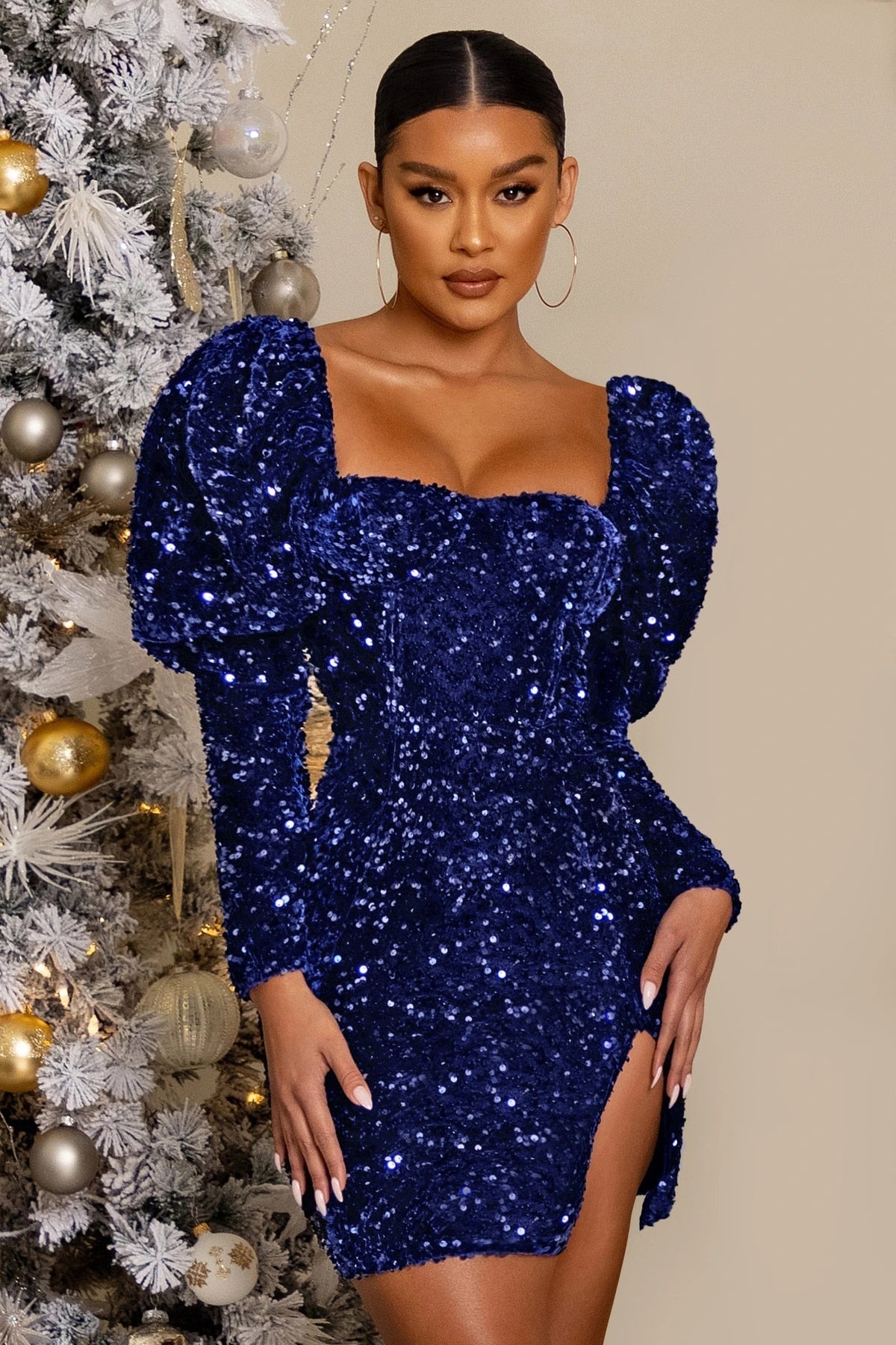 JuliaFashion - 2024 Solid Sequins Square Neck Puff Sleeve Club Mini Dress