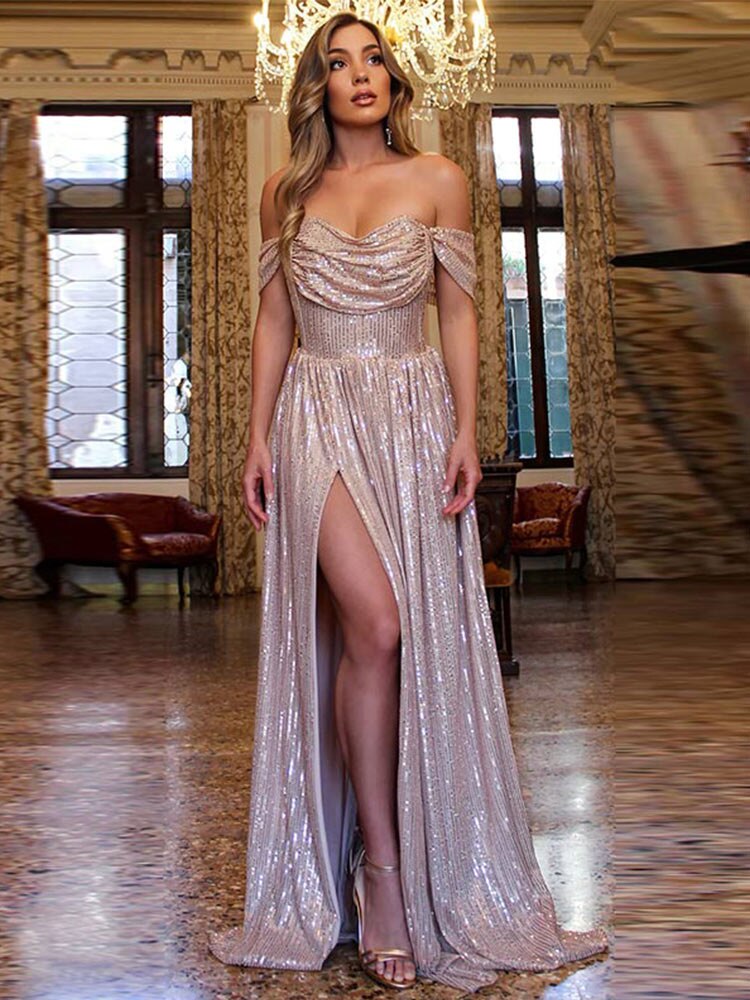 JuliaFashion - 2024 Solid Sequins Strapless Slim Split Dress