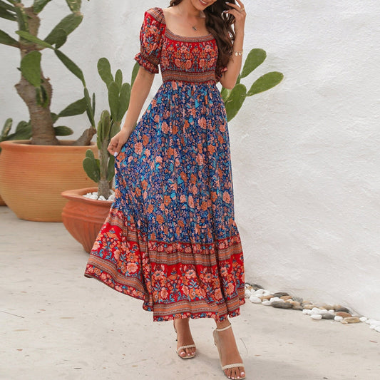 JuliaFashion - Square Collar Floral Maxi Dress