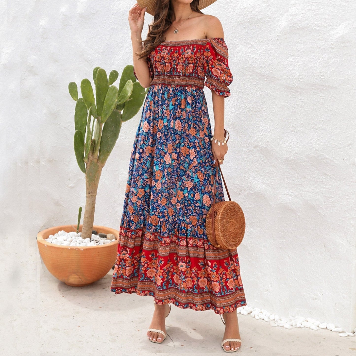 JuliaFashion - 2024 Square Collar Floral Maxi Dress